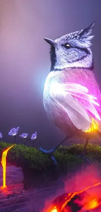 This phone live wallpaper features a glowing bird perched on a tree branch with silver light emanating from its neon skin