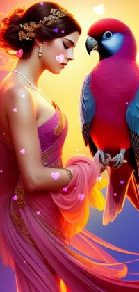 Get mesmerized by this beautiful phone live wallpaper featuring a stunning painting of a woman in a pink dress holding a parrot