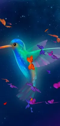 This stunning live wallpaper features a colorful hummingbird flying through the night sky