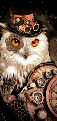 This phone live wallpaper depicts a detailed, close-up view of a steampunk owl wearing a top hat