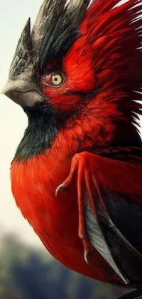 This live wallpaper depicts a stunningly realistic red and black bird perched on a wooden post