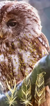 This live phone wallpaper features a brown and white owl perched on a tree branch