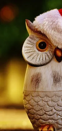 Get into the festive spirit with this amazing phone live wallpaper! It showcases a cute owl figurine wearing a Santa hat, perched on a tree branch in a natural outdoor setting
