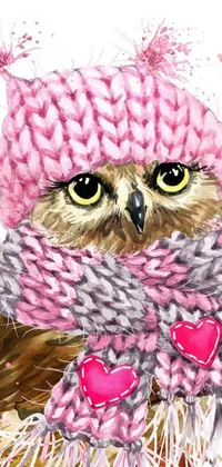 This adorable phone live wallpaper features a brown owl sporting a pink knitted hat and scarf