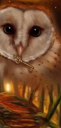 This phone live wallpaper presents a digital painting of an owl holding a key in its mouth