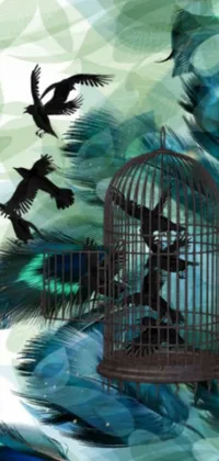 This phone live wallpaper features a group of birds flying around a bird cage, in a playful and whimsical style