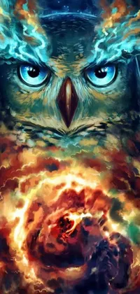 This phone live wallpaper showcases a stunning artwork featuring an owl perched on a cloud-filled sky in psychedelic art style