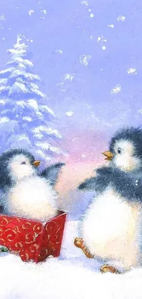 This delightful phone live wallpaper depicts two penguins seated on snowy ground amidst festively wrapped presents