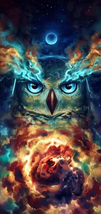This phone live wallpaper features a stunning digital art piece of an owl on a cloudy space-filled sky