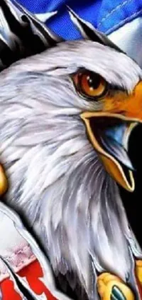 This phone live wallpaper features a stunning close-up image of a bald eagle perched on an American flag