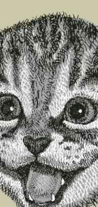 This phone live wallpaper features a striking black and white stipple drawing of a cat's face in closeup, including its whiskers, nose, and eyes