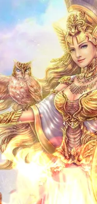 This stunning live wallpaper features an exquisite painting of a female warrior - the golden goddess Athena