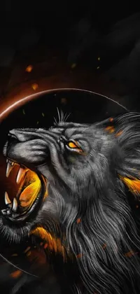 This phone live wallpaper features a dramatic close-up of a fierce lion with its mouth open in a powerful roar