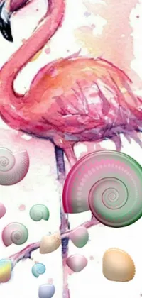 This lively phone wallpaper depicts a stunning watercolor painting of a vibrant pink flamingo