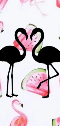 This phone live wallpaper features two flamingos on a watermelon background, accented by a stencil-like design and whimsical symbols such as a bow, zombie, strawberry, and fairy