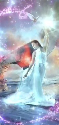 This live wallpaper features a digital art of a woman in a white dress standing atop a body of water