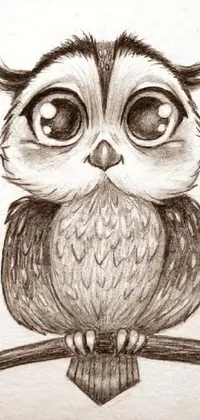 This phone live wallpaper showcases an adorable pencil drawing of an owl perched on a branch