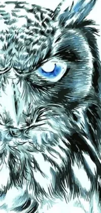 This striking phone live wallpaper displays a intricately drawn and highly stylized owl with piercing blue eyes