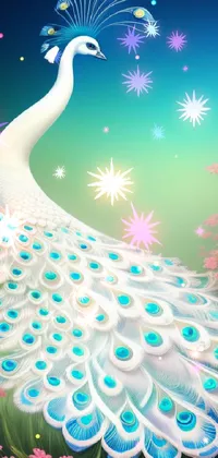 Experience the beauty of nature with this stunning live wallpaper featuring a white peacock standing on a green field surrounded by beautiful flowers