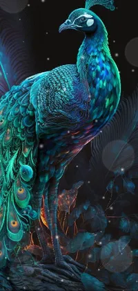 Experience the beauty of nature with this stunning phone live wallpaper showcasing a majestic peacock perched atop a pile of feathers