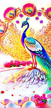 This stunning phone live wallpaper features a neo-fauvist style digital painting of a peacock on top of a white cake, by a trending artist on Pixabay