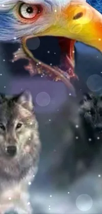 This live wallpaper features a striking image of a wolf pack and an eagle set against a blue background