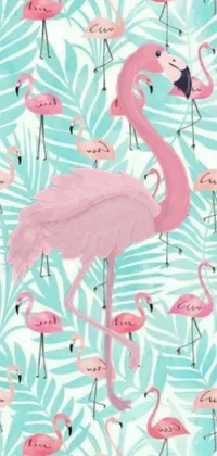 This stunning live phone wallpaper features a flock of pink flamingos standing together, set against a backdrop of tropical plants and palm trees