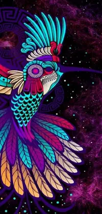This live wallpaper showcases a colorful bird flying through a psychedelic, Mayan-inspired galactic design