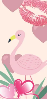This impressive live phone wallpaper showcases a beautiful digital artwork featuring a flamingo standing gracefully next to a heart-shaped balloon cluster