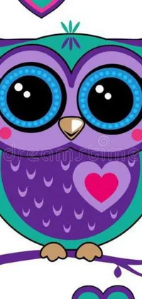 This live phone wallpaper features a vector art style owl with big, expressive purple eyes sitting on a branch
