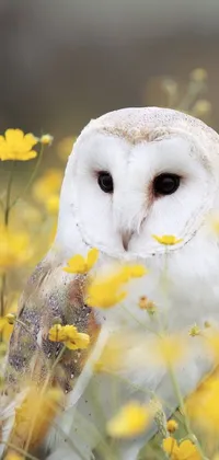 Enjoy the serene scenery of nature with this stunning live wallpaper! It features an elegant barn owl sitting among a vivid field of yellow flowers captured in an ultra-shallow depth of field