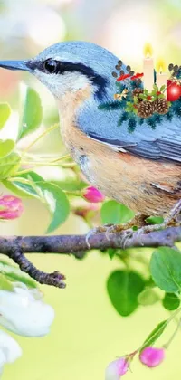 This live wallpaper depicts a beautiful bluebird perched atop a tree branch, wears a stunning floral crown surrounded by vibrant green leaves