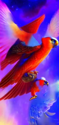 This phone live wallpaper features two birds flying in a colorful airbrush painting style