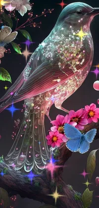 Get this stunning live wallpaper for your phone home screen! Featuring a beautiful bird sitting on a tree branch amidst vibrant magical flowers, this elegant digital art is a must-have