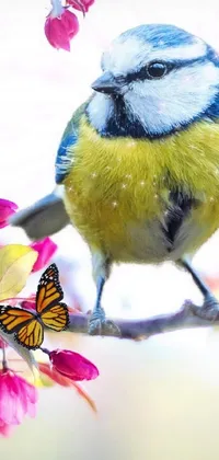 This phone live wallpaper showcases a blue and yellow bird sitting on a tree branch with flowers and butterflies surrounding it