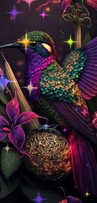 This phone live wallpaper features a stunning portrayal of a colorful bird perched atop a nest which is complimented by vibrant, close-up shot