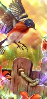 This phone live wallpaper showcases a delightful airbrush painting of birds perched on a wooden fence