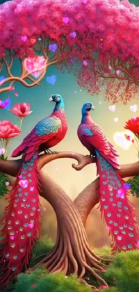 This stunning live wallpaper depicts two peacocks perched on a tree branch amidst a whimsical, fantasy-inspired backdrop