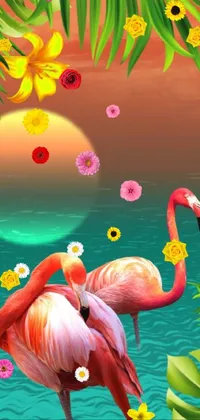 Bring the tropics to your phone with this stunning flamingo live wallpaper! Two charming flamingos are depicted in beautiful digital art, standing next to each other in a peaceful and serene setting