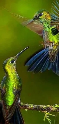 This live wallpaper showcases a lively photograph of two hummingbirds perched atop a tree branch