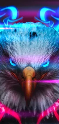 This mobile wallpaper showcases a stunning bird with striking blue eyes, surrounded by a red and blue neon background