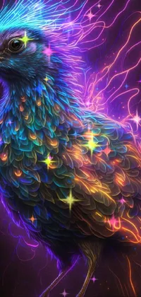 Looking for an electrifying wallpaper that's both edgy and captivating? Check out this stunning digital painting of a colorful bird on a black background, guaranteed to add some dazzling excitement to your phone! This striking wallpaper showcases a detailed crow illustration, complete with a vibrant, futuristic looking ferrofluid armor, all set against a breathtaking electric storm backdrop