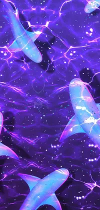 This phone live wallpaper features a group of sharks floating on water in a holographic texture made of purple metal