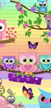 Looking for a fun and whimsical live wallpaper for your phone? Check out this vibrant digital rendering featuring a group of owls sitting on a tree branch, surrounded by colorful butterflies