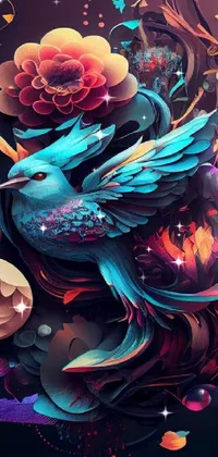 This vibrant phone live wallpaper features a colorful 3D vector bird sitting on flowers, perfect for nature enthusiasts and fans of fantasy art
