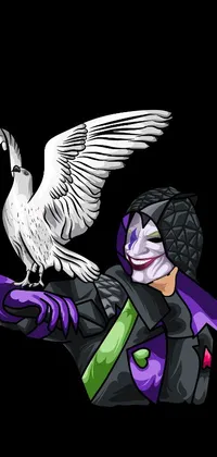 This phone live wallpaper features an intriguing concept art image of a joker bird perched on a man's arm, along with futuristic cyber armor