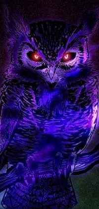 This phone live wallpaper features a psychedelic digital artwork of a purple owl perched on a tree branch