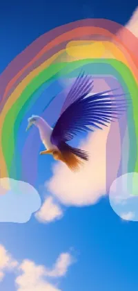 This phone live wallpaper features a stunning image of a bird in flight with a rainbow in the background