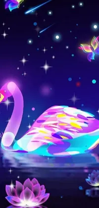 This live phone wallpaper displays a beautiful digital art of a swan floating on water with neon-colored bioluminescence