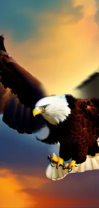 This stunning live wallpaper showcases a bald eagle gracefully flying in the sky during sunset